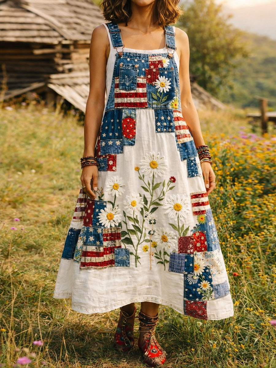 Women's Retro Floral Color-Blocked Art Print Washed Denim Workwear Shoulder Strap Dress